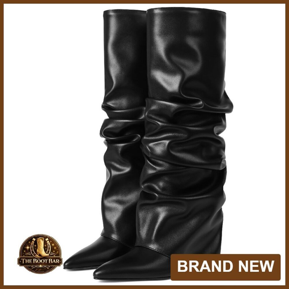 Knee High Wedge Heel Boots Fold Over Slouch Wide Calf Pull On